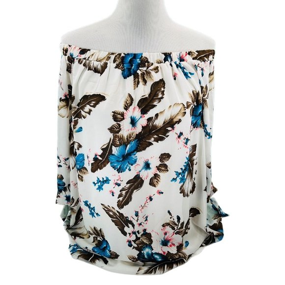 Entro Blouse Womens Small, Medium, Large Off Shoulder Feathers Hibiscus Spring - Picture 1 of 16